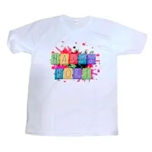 FANCY KIDO Happy Holi Festival Graphic Print T-Shirt, White Cotton, Colourful Design Free Size