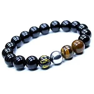 ASTROGHAR Tibetan lucky charm black onyx Hematite & Tiger Eye Om mani padme hum engraved 8 mm stretch bracelet
