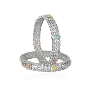 Ratnavali Jewels Silver Plated American Diamond CZ Multi Traditional Stylish Chudi Bangles for Women/Girls