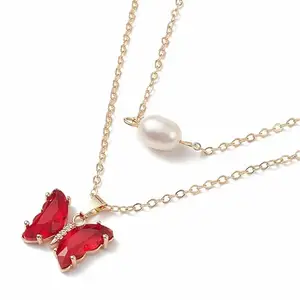 Via Mazzini Beautiful Gold Plated Natural Pearl And Red Crystal Butterfly 2 Layer Pendant Necklace With Chain For Women And Girls (NK1339)