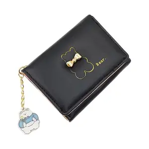 Valerie Cute Small Wallet for Girls Women Tri-Folded Wallet Cash Pocket Flowers PU Leather Print Card Holder Coin Purse with ID Window (Black)