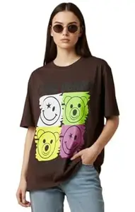 TQH Round Neck Half Sleeve Cotton Blend Oversized Tshirt for Women, Round Neck Longline Printed Drop Shoulder Loose Fit T-Shirt for Women