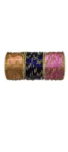 Traditional Crystal-Studded Glass Bangles Set, 48 Pieces, Multi-colour with Green Pink Gold Purple, 2.8 Inches Diameter