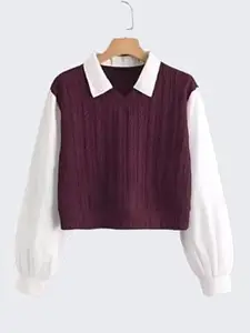 Regular Fit Collared Knit Top for Women, Long Sleeve Casual T-Shirt, Black and White, Rib-Knit Material, Korean Trendy Style