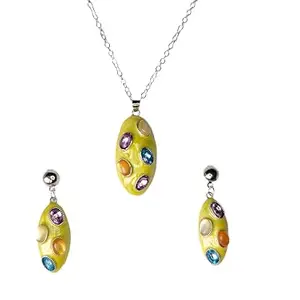 Enamel Jewelley set, Multicolour Acrylic Beads Oval Pendant Set with Earrings, Sky Blue Enamel Base, Silver Chain (yellow)