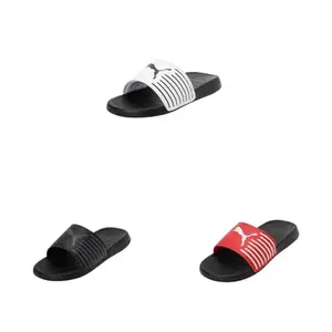 Puma unisex-adult Geo Slide Sandals in Black-White, Black-Cool Dark Gray, and Black-Fiery Red-White (Size 7 UK).