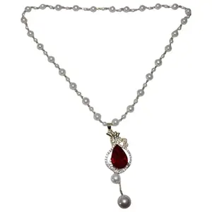 Long White Pearl Golden Maroon Stone Necklace for Women & Girls