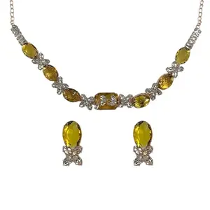 ACCESSHER American Diamond Necklace Set with Oval Stones and Floral Accents, Silver Plated, Necklace With Matching Earrings Set For Women And Girls, For Casual And Everyday Wear (Yellow 2)