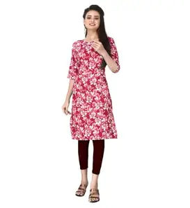 Women's Casual 3/4th Sleeve Floral Print Polyester Knee Length Straight Kurti (Red, 2XL)-PID45495