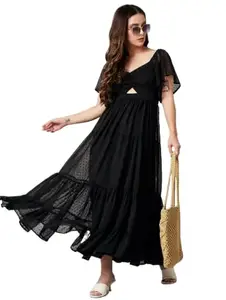 Women's Georgette A-Line Standard Length Dress Women Floral Print Maxi Dress Black M