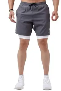 FUAARK Double Layer 2 in 1 Sports Shorts with Inner Tights for Men Gym Tight Short with Pocket