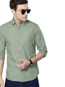 Men's Cotton Casual Solid Classic Collar Slim Fit Shirt (Light Green;Large)