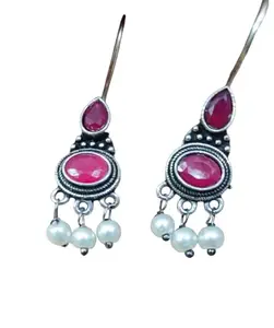 Swastida Jewels Silver Replica Small Hoop Earring Jewellery Set for Women and Girls (Color-Magenta)