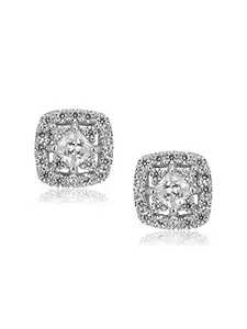 VANBELLE 925 Sterling Silver-Silver Toned Cubic Zirconia Studded -Rhodium-Plated Square Studs