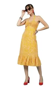 PatolaSwag Dresses for Women Western – Yellow Floral Midi Dress with Adjustable Straps, Front Knot Detail & Ruffle Hem, Lightweight Summer Western Dress for Women Vacation Wear