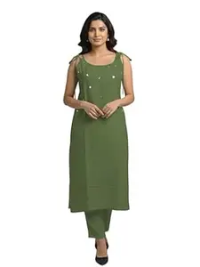 Leriya Fashion Kurta Set for Women | Ethnic Sleeveless Kurti Sets for Woman | Round Neck Embroidery Kurta Sets for Woman Daily Outfits | Cotton Ethnic Traditional Straight Kurti Set for Office