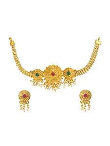 Shining Jewel - By Shivansh Shining Jewel Designer Gold Plated Stylish Traditional Ethnic Thushi Choker Necklace Jewellery Set for Women (SJ_2978)