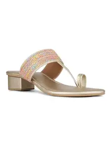 Inc.5 Womens Golden Embellished Round Toe Party Wear Block Heels Sandals