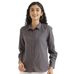 SAADAA Airy Linen Shirt | Women's Solid Casual Shirt | Regular Fit, Stylish (L, Slate Grey)