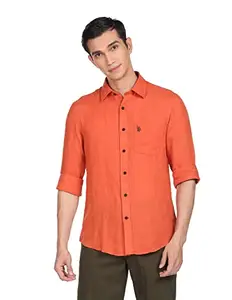 U.S. POLO ASSN. Men's Solid Linen Tailored Fit Button Down Casual Shirt (USSHTC0079_Medium Red_XL)