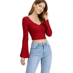H&Y VENTURE Women’s V-Neck Notched Ribbed Crop Top | Stretchable Polyester Long Flared Sleeve Blouse | Trendy Slim Fit Casual Top for Girls