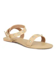 Inc.5 Women Beige And Gold-Toned Studded Open Toe Flats