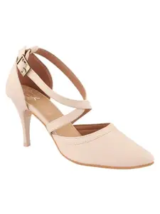 Shoetopia Women's Cream Pointed-Toe Heels – Elegant Stiletto Sandals with Double Ankle Straps & Buckle Closure for Office & Party EU37