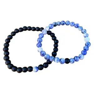RRJEWELZ Sodalite & Black Agate 6mm Round Smooth beads Long Distance Couples Love Friendship Combo Bracelet Set - Couples Relationship 7 inch Stretchable Bracelets set|RR_CPBR_284_7