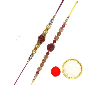SADO-Self Adhesive Dots Optimize SADO Rakhi Combo for Bhaiya – Set of 2 Traditional Rakhis with Rudraksha Beads & Decorative Stones | Roli Chawal | Raksha Bandhan Gift for Brother