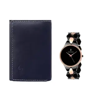 IMPERIOUS - THE ROYAL WAY IMPERIOUS Women's Analogue Watch with Blue Leather Wallet Combo for Couples Gift. Anniversary/Wedding Present for Couples| Festive Watch & Wallet for Gifting (Rose Gold & Silver)
