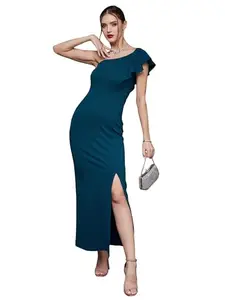 Miss Chase Women's Solid One Shoulder Sleeveless Ruffled Maxi Dress (MCAW17D10-37-83-04, Teal, M)