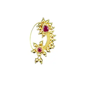 Traditional Maharashtrian Nath, Gold-Plated Copper, Ruby Stone Nose Ring-Pearcing Required