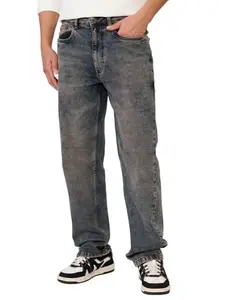 The Souled Store Denim: Washed Blue Men and Boys Buttoned Solid Cotton Blend Straight Fit Jeans
