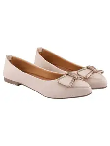 Shoetopia Women’s Cream Ballet Flats – Elegant Slip-On Dress Shoes || Bow & Rhinestone Detailing, Comfortable Cushion Insole EU38