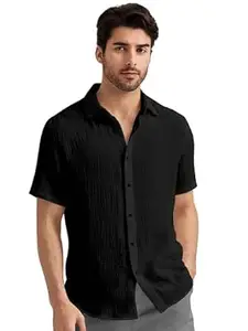 WIZOON Men’s Black Casual Cotton Shirt | Regular Fit Short Sleeve Button-Down | Shirts for man | Spread Collar | man Stylish