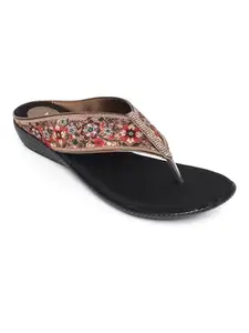 V-WALK Women's Casual Slip-Ons Floral Flat Sandals | Smart-Casuals, College, Work, Office, Shopping, Outdoor Sandals for Women | Black & Copper