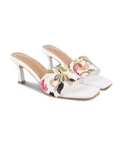 JM LOOKS Women’s Kitten Heel Sandal Embroidered Open-Toe Slip-On Heeled Sandals for festive Occasions, Wedding Parties, or Elegant - White