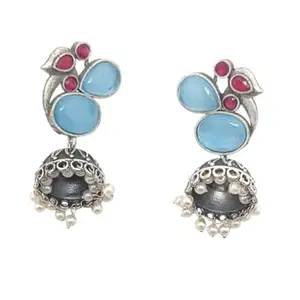 Ramya Jewels Vintage Style Jhumka Earrings with Blue Stones, Pearl Drops, Silver-Toned