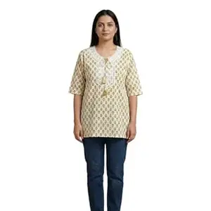 Teenager Girl(5'3 Height) Cotton Printed Straight Short Kurti with Tie-up Neck, Half Sleeves, M to XL (Yellow Classic Handblock Style Kurti)