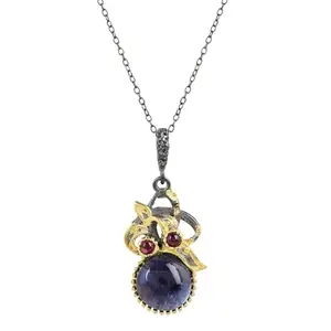 Ravishing Impressions Amethyst & Garnet Bridal-Wedding Gift 925 Sterling Silver, Black Rhodium, Gold Plated Antique Pendant with Chain
