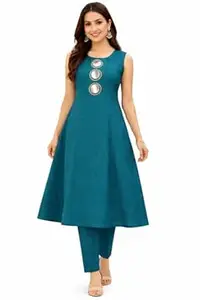 Greatech Fashions Women Sleeveless Kurta Pant Set with Mirror Work | Linen Blend A-Line Kurti with Pocket | Ethnic Co-Ord Set for Casual, Office Wear