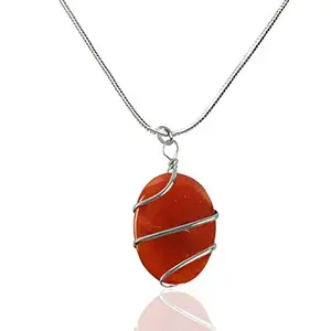 Reiki Crystal Products Carnelian Pendant Oval Wire Wrapped Crystal Stone Pendant with Metal Chain for Reiki Healing Crystal Stone Pendant Size 30-35 mm Approx (Color : Orange/Red)