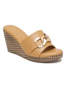Bruno Manetti women's Beige Slip-on Back Open with Upper Buckle Modern Design Round Toe Comfort Platform Wedges Sandals