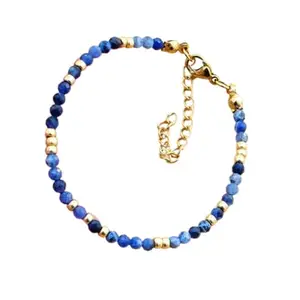 LKBEADS Gold Plated Bracelet with Blue Faceted Sodalite Beads – Round 3mm – 7 inch Adjustable – For Men & Women|LK_STACK_06220