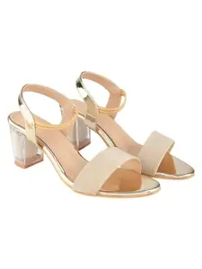 Shoetopia Women’s Golden Block Heel Sandals | Elegant Open Toe Party Footwear Sandals with Transparent Heel EU39