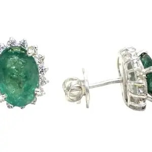 Rajasthan Gems Stud Earrings Ear Tops 925 Sterling Silver Natural Emerald Panna Gem Stone & Cubic Zirconia CZ i458