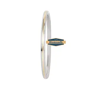 BISMAADH Men's Stainless Steel Round Kada/Bracelet with Brass (Silver, 5mm Thickness, 6.4cm)