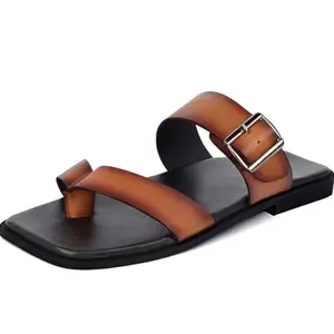 LOUIS STITCH Russet Tan Comfortable Leather Sandals | Lightweight Casual Sliders Flip Flops Slippers | Sandals with Adjustable Buckle Strap | LSOF-01-TN | UK-6