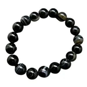 RRJEWELZ Natural Black Agate 10mm Round Shape Smooth Cut Beads 6.5 Inch Stretchable Bracelet For Men & Women. Unisex Bracelet For Healing, Meditation, Prosperity, Gift & Luck|STBR_RR_10151_6.5