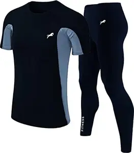 JUST RIDER Men's Polyester Sports Running Set Compression Half Sleeve T-Shirt, Pants Skin-Tight Long Sleeves Quick Dry Fitness Tracksuit Gym Yoga Suits (Set of 2) (Tracksuit, S)